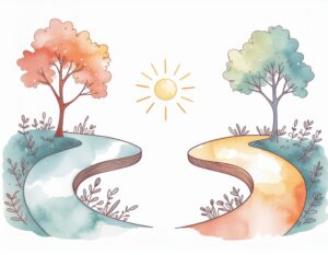 Two forest pathways leading to the same bright clearing, representing EMDR and CBT as different routes to trauma recovery