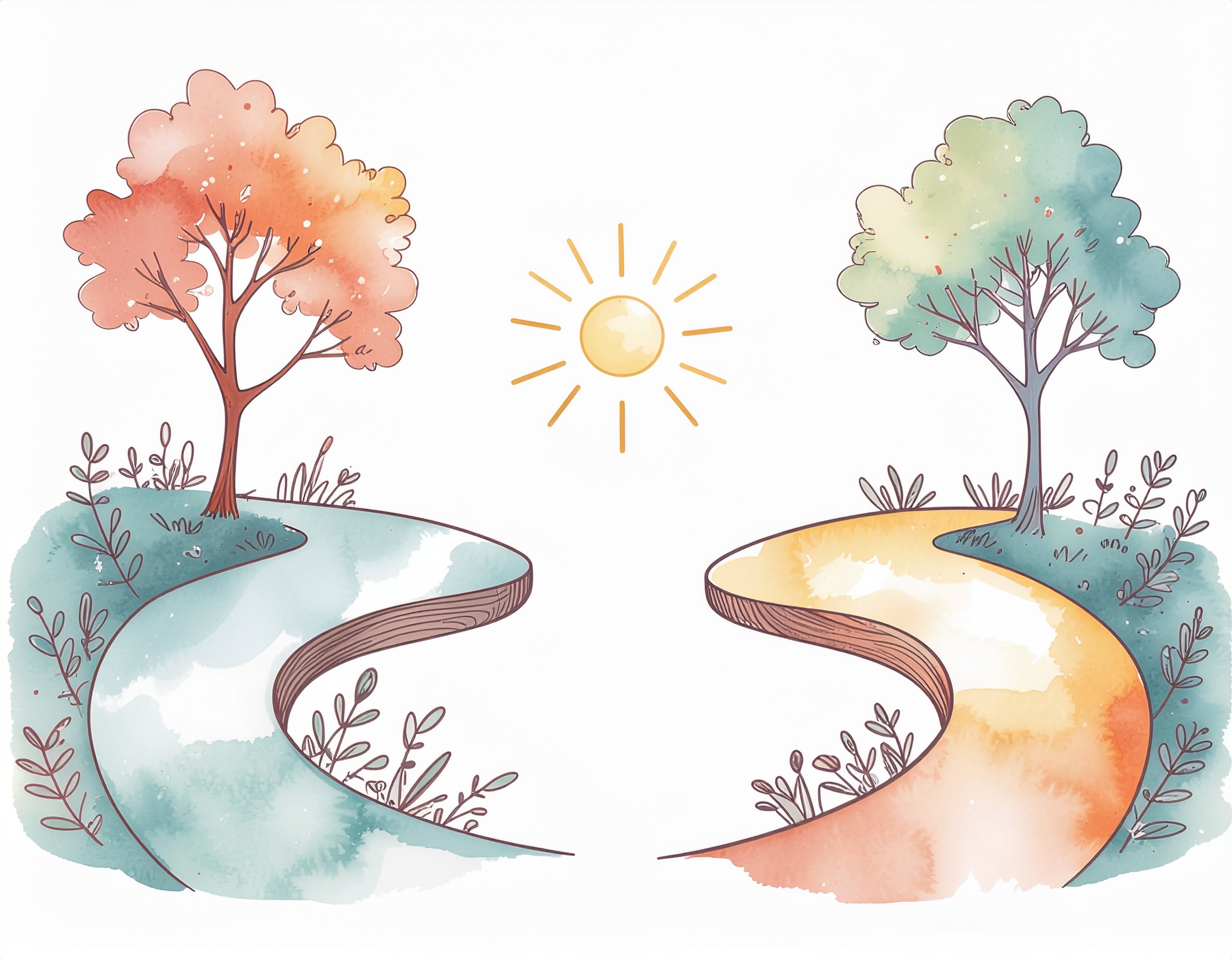 Two forest pathways leading to the same bright clearing, representing EMDR and CBT as different routes to trauma recovery