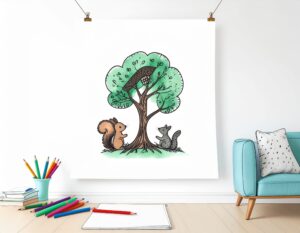A child's drawing of a safe place used in EMDR therapy preparation, showing a treehouse and friendly animals
