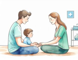 A parent sits with their young child during a parent-child EMDR therapy session, conveying warmth and safety