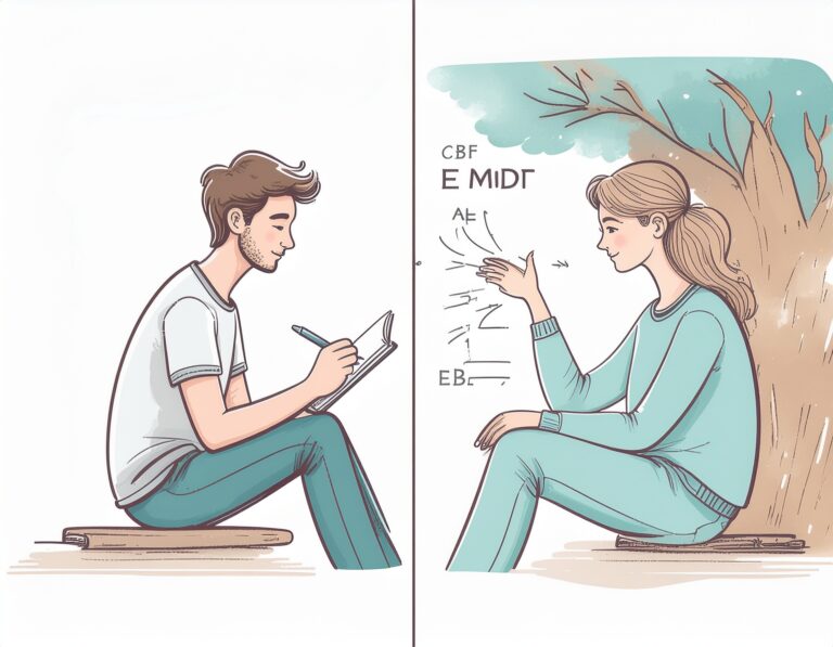 Split illustration comparing CBT therapy with writing exercises on the left and EMDR eye movement therapy on the right