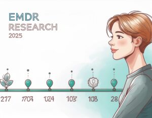 Timeline showing key milestones in EMDR therapy research from 1987 to 2025