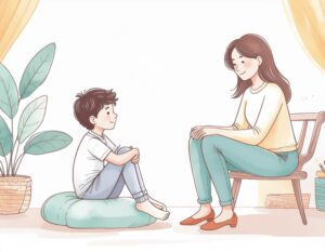 A young child in a therapy room performing the butterfly hug self-soothing technique during an EMDR session