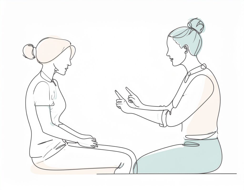 A therapist guiding a client through EMDR bilateral stimulation eye movements in a calm, warm therapy room