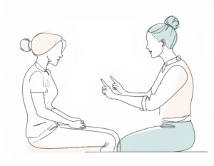 A therapist guiding a client through EMDR bilateral stimulation eye movements in a calm, warm therapy room